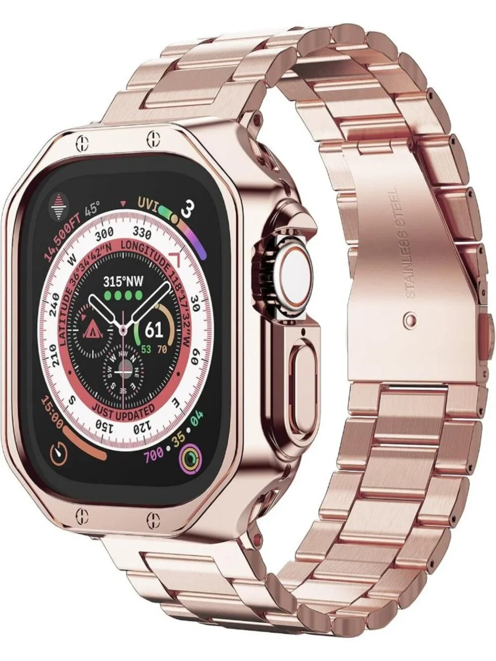 Stylish Stainless Steel Link Bracelet Band for Apple Watch Ultra 49mm, Rose Gold